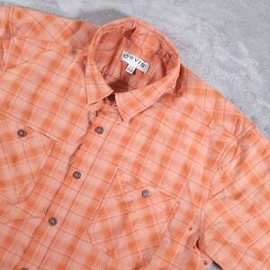 Orvis Shirt Mens Large Performance Tech Stretch Orange Plaid Short Sleeve Button